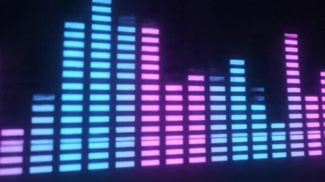 A digital audio visualizer displays vibrant neon bars pulsing to the rhythm of music on a dark background