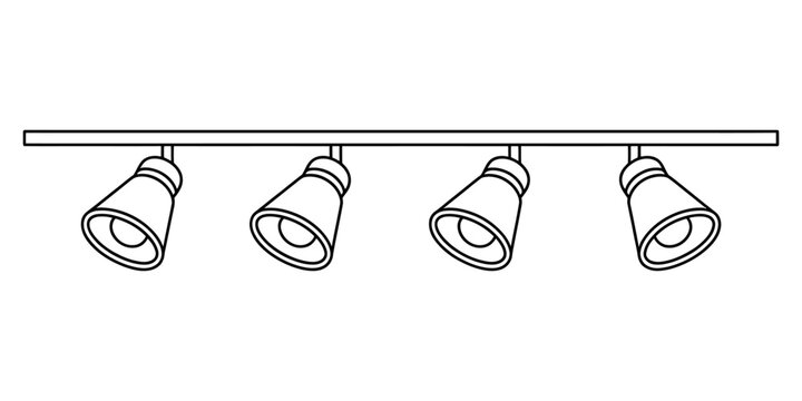 A simple black and white line drawing of a track lighting fixture with four adjustable lamp heads Vector, illustration