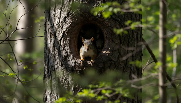Squirrel peeking from tree hole