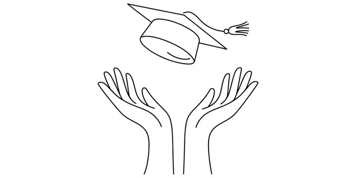 A simple black and white line drawing of two hands reaching upward towards a graduation cap icon Vector, illustration