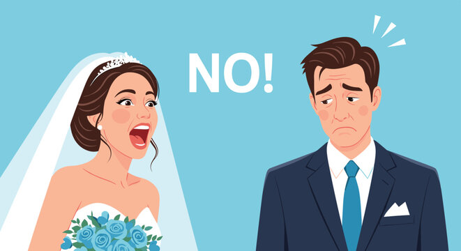 Angry bride in a white wedding dress shouting no at a sad and disappointed groom during their marriage ceremony on a blue background.