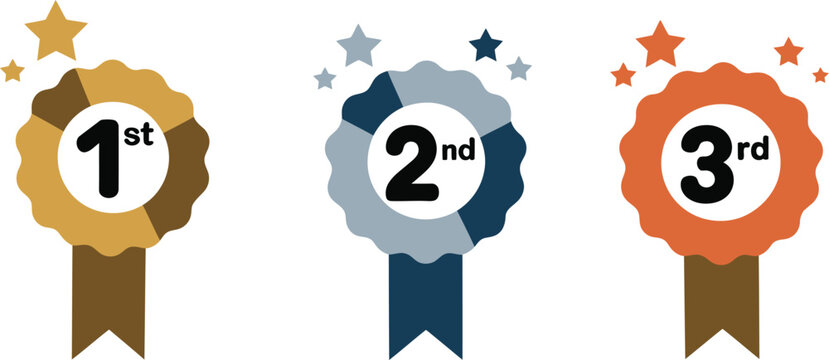 First second third place award badges collection with 1st 2nd 3rd labels, winner medals in gold silver bronze colors, premium ranking icons set for competition results and achievements.