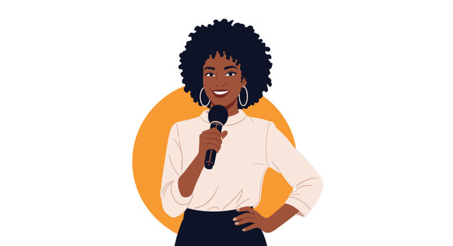 Confident African American woman with an afro hairstyle holding a microphone and standing in front of an orange circle background.