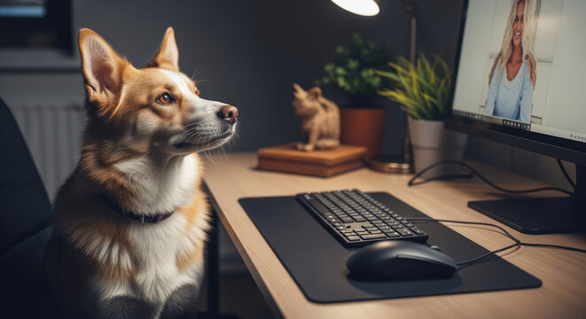 Corgi attentively watching computer screen in home office setting.