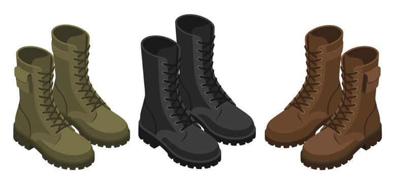 Isometric military combat boots vector set featuring three pairs of tactical shoes in green, black, and brown colors for army uniform and outdoor hiking footwear illustration