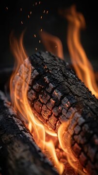fire flames wood logs burning ember heat closeup of crackling campfire