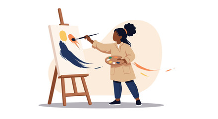 Fototapeta premium Young Black girl wearing an apron painting a colorful abstract design on a canvas with a brush and palette in her hand.