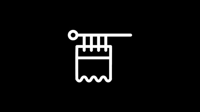 Simple line art icon representing knitting with needles and yarn on a black background