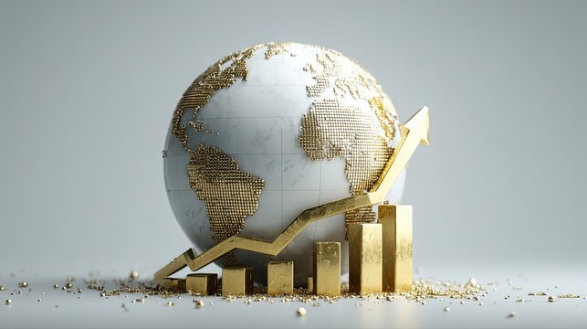 A white and gold globe with a rising arrow and bar chart symbolizes global economic growth and success.