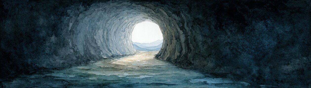 Dark cave tunnel opening to a bright outdoor scene with visible sky and ground.