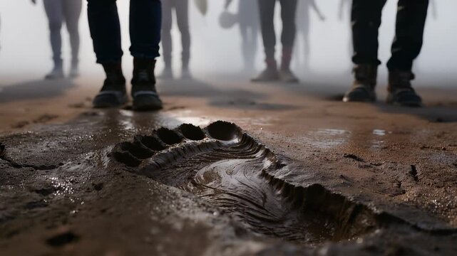 Footsteps are seen as people walk past a large footprint on a dusty surface. The setting shows a crowd in motion, emphasizing the footprint's size.