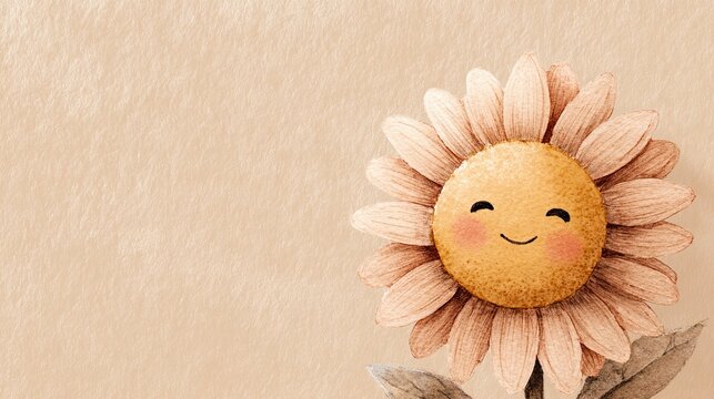 A cute sunflower with a smiling face, illustrated in soft pastel tones against a textured beige background.