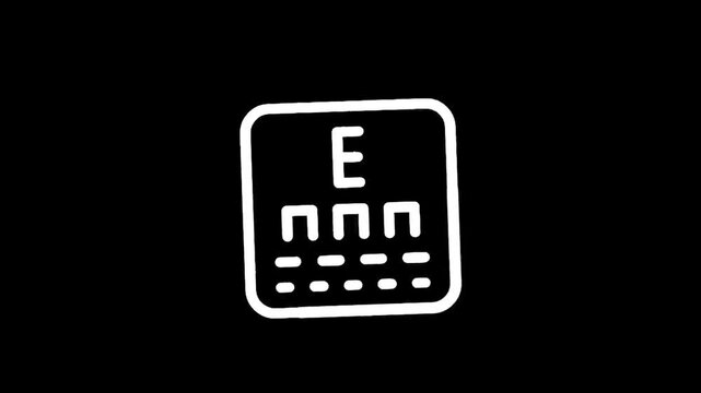 Simple white line drawing of an eye chart with the letter E and other symbols on a black background