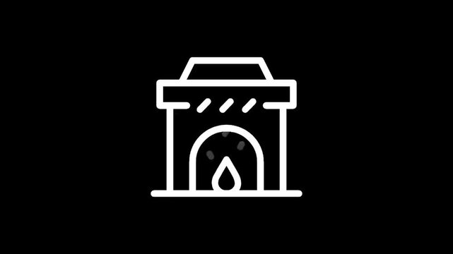 Modern minimalist fireplace icon with a flame and smoke details on a black background