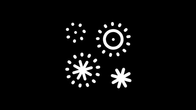 Simple white line art fireworks icons on a black background for celebrations