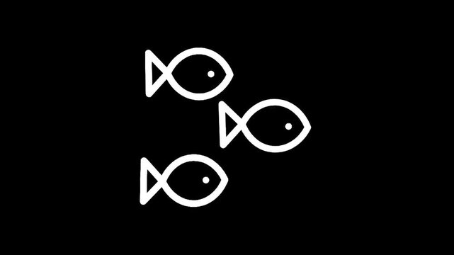 Three minimalist white fish icons swimming together on a stark black background
