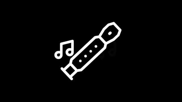 Simple white line art icon of a recorder with musical notes on a black background