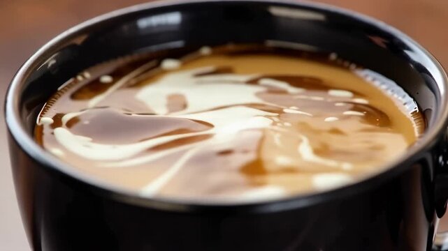 A cup of coffee with cream being poured in, resulting in swirling patterns as the cream mixes with the coffee.