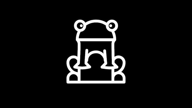 Simple white line art icon of a frog on a black background, minimalist design