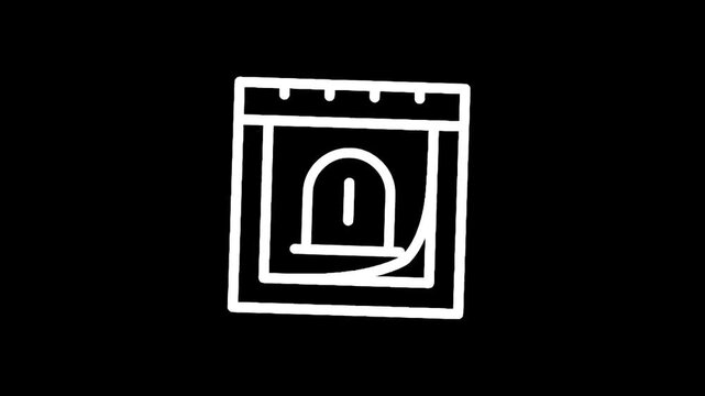 Simple white outline icon of a calendar page with an arched doorway on a black background