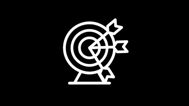 White line art icon of a dartboard with three arrows hitting the bullseye on a black background