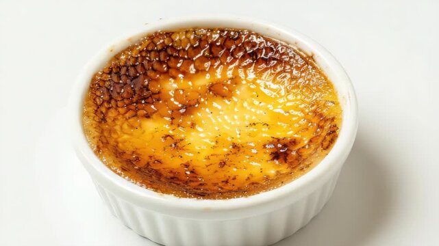 Caramelized sugar atop creamy custard in white ramekin