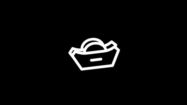 Simple line art icon of a Chinese gold ingot in a basket on a black background