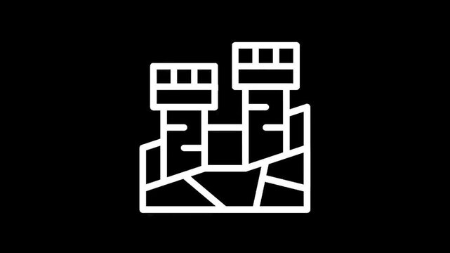 Abstract white line art of two towers on a cracked ground against a black background