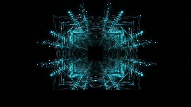 neon geometric starburst abstract animation cyan lines against black background