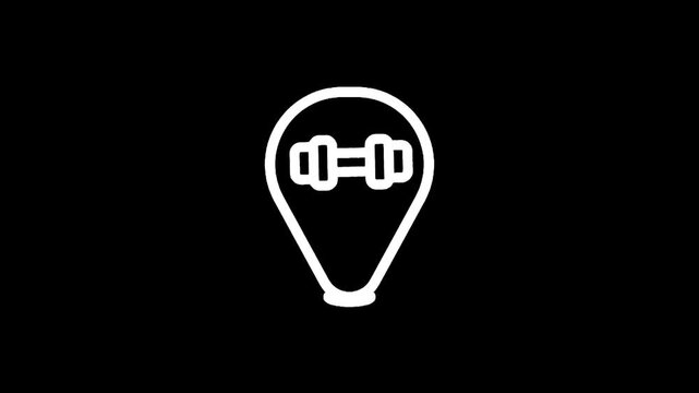 Fitness location icon with dumbbell inside a map pin on a black background