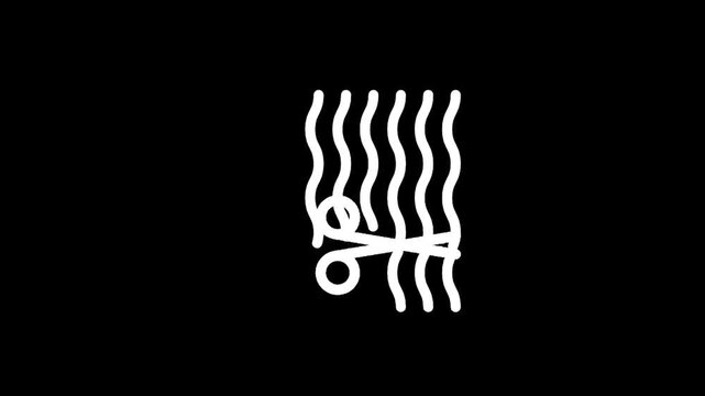 Simple white icon of scissors cutting wavy hair on a black background