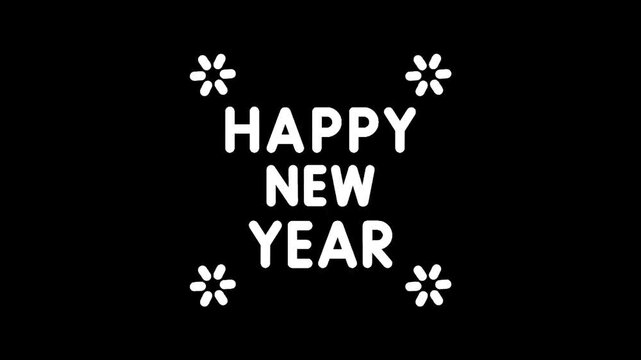Happy New Year text with festive starbursts on a black background