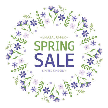 Spring Sale. Roung Frame from violet flowers and green leaves. Special Offer. Limited Time Only. Template for design, banner, advertising, online store, sticker, shop window, promotion, sell-out.