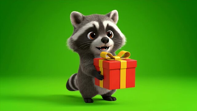 Adorable 3D Render Of A Cute Cartoon Raccoon Holding A Red Gift Box With A Yellow Ribbon Isolated On A Vibrant Green Screen