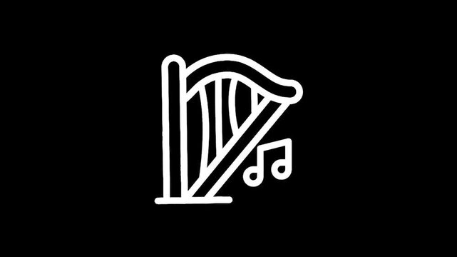 Simple white harp icon on a black background, representing music and elegance