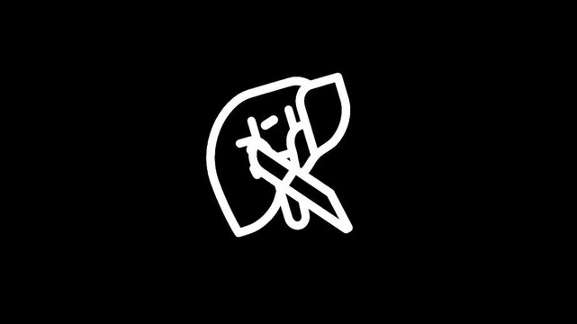White line art of a liver with a ribbon tied around it on a black background