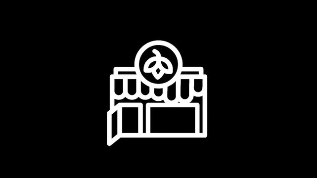 Simple line art icon of a storefront with a leaf logo, representing a business or shop