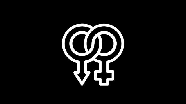 Interlocking male and female symbols on a black background representing gender and relationships