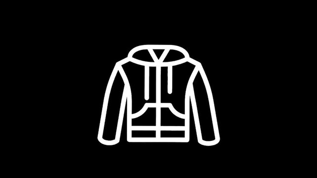 Simple white line art icon of a hooded jacket with a front pocket on a black background