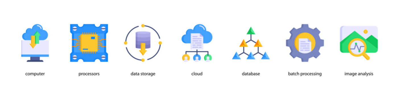 Cloud Computing web banner icon vector illustration featuring Computer, Processors, Data Storage, Cloud, Database, Batch Processing, and Image Analysis.
