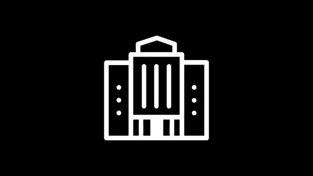 Stylized white icon of a classical building with columns and windows on a black background