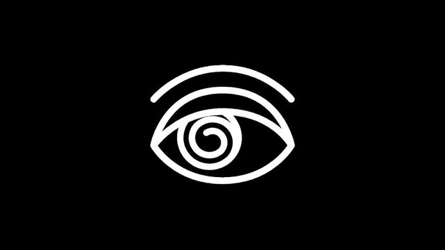 Minimalist white eye icon with a hypnotic spiral pupil on a black background