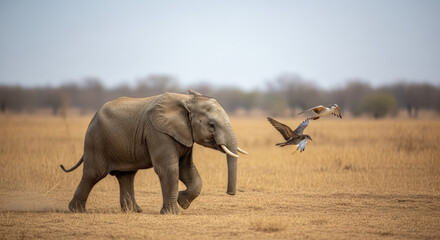 Fototapeta premium Elephant Strolling Through the Savannah with Birds Flying Nearby.