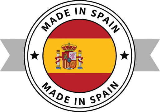 Made in Spain round stamp label with national flag symbol and decorative vintage ribbon banner
