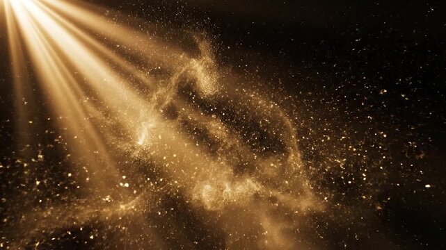 A golden nebula of glowing stardust particles drifts through the dark void of deep space