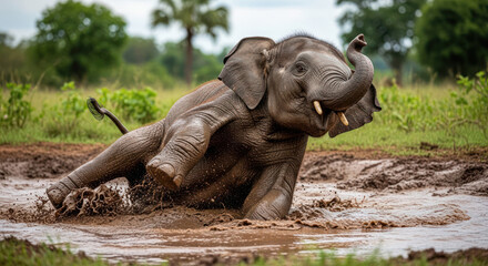 Fototapeta premium Elephants Muddy Delight A Playful Dip in the Wild.