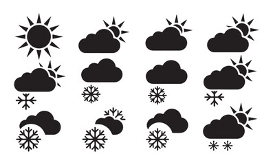 Obraz premium Collection of weather icons sun clouds snow and snowflakes on white background.