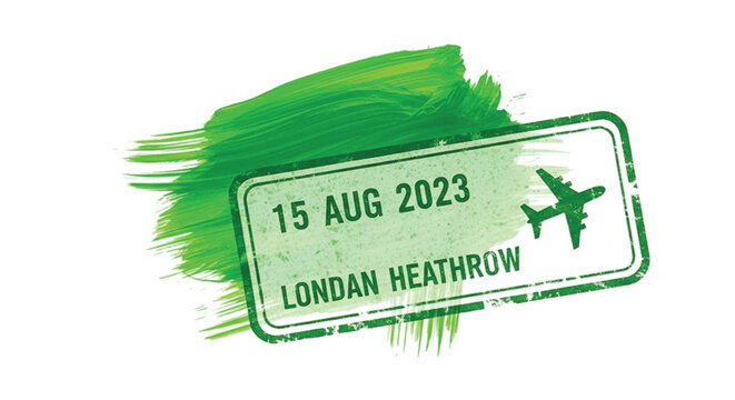 Green and white airplane ticket for london heathrow, dated 15 aug 2023