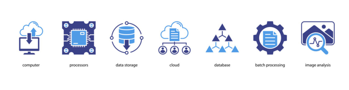 Cloud Computing web banner icon vector illustration featuring Computer, Processors, Data Storage, Cloud, Database, Batch Processing, and Image Analysis.