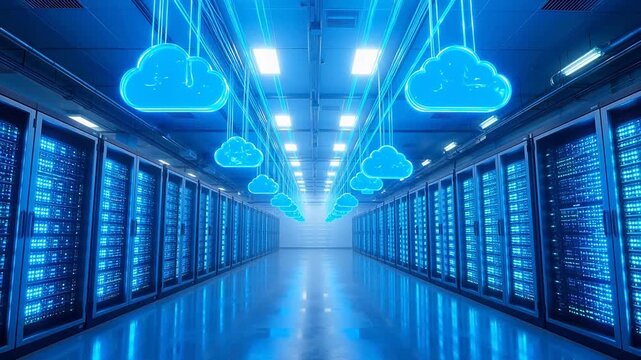 Advanced Data center with server racks and cloud icons for Digital Transformation and Cyber Infrastructure
